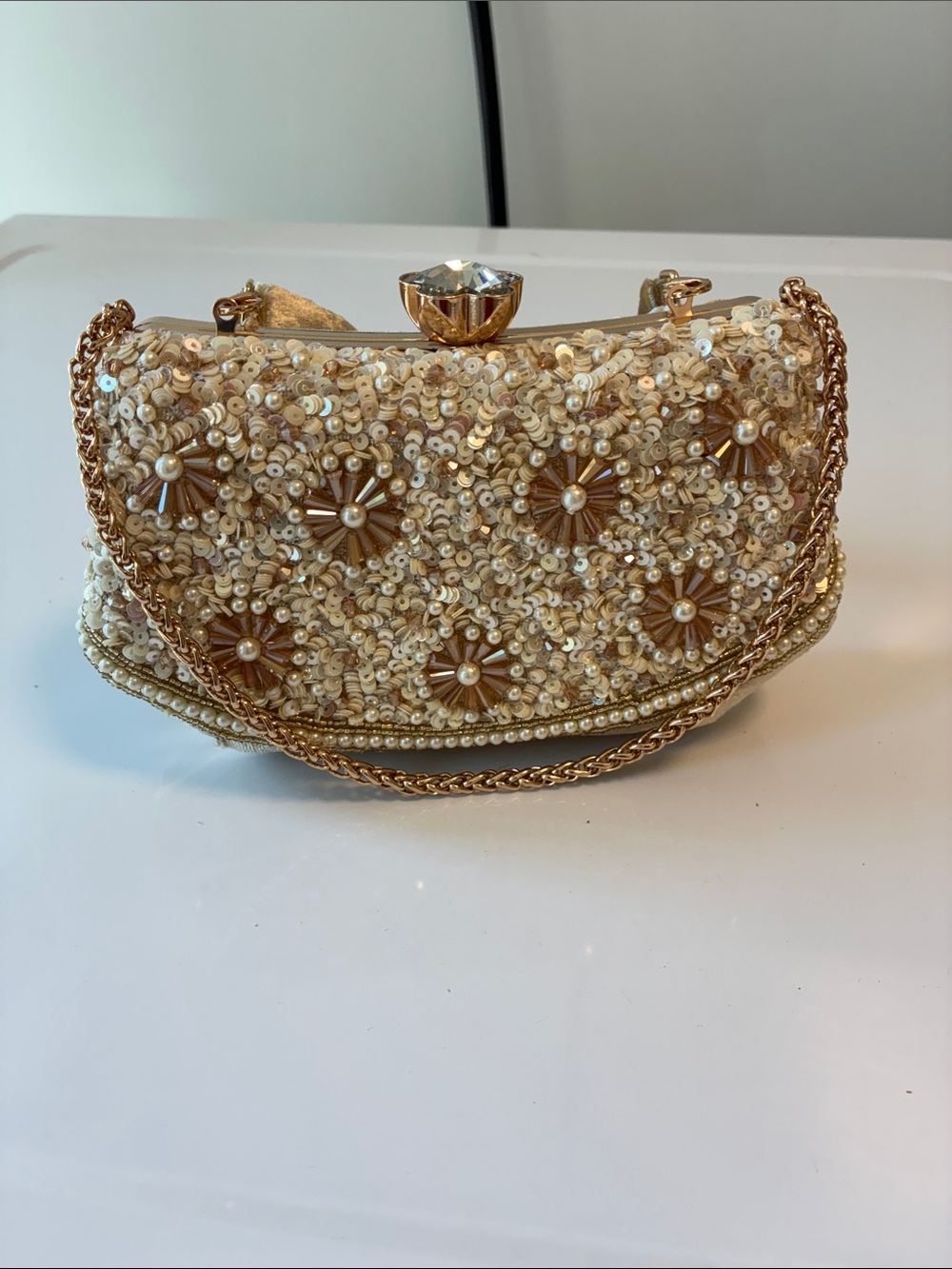 Gold Beaded Evening Clutch with Chain Strap